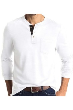 White Mens Fashion Henley Shirts Long Sleeve Button Cotton T-Shirt with Pocket