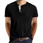 Black  Mens Fashion Henley Shirts Long Sleeve Button Cotton T-Shirt with Pocket