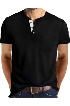 Black  Mens Fashion Henley Shirts Long Sleeve Button Cotton T-Shirt with Pocket