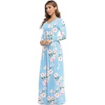 flower-light Blue Women's Long Sleeve Loose Plain Maxi Dresses Casual Long Dresses with Pockets