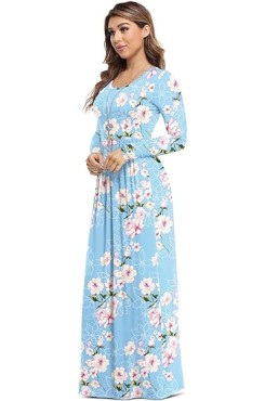 flower-light Blue Women's Long Sleeve Loose Plain Maxi Dresses Casual Long Dresses with Pockets